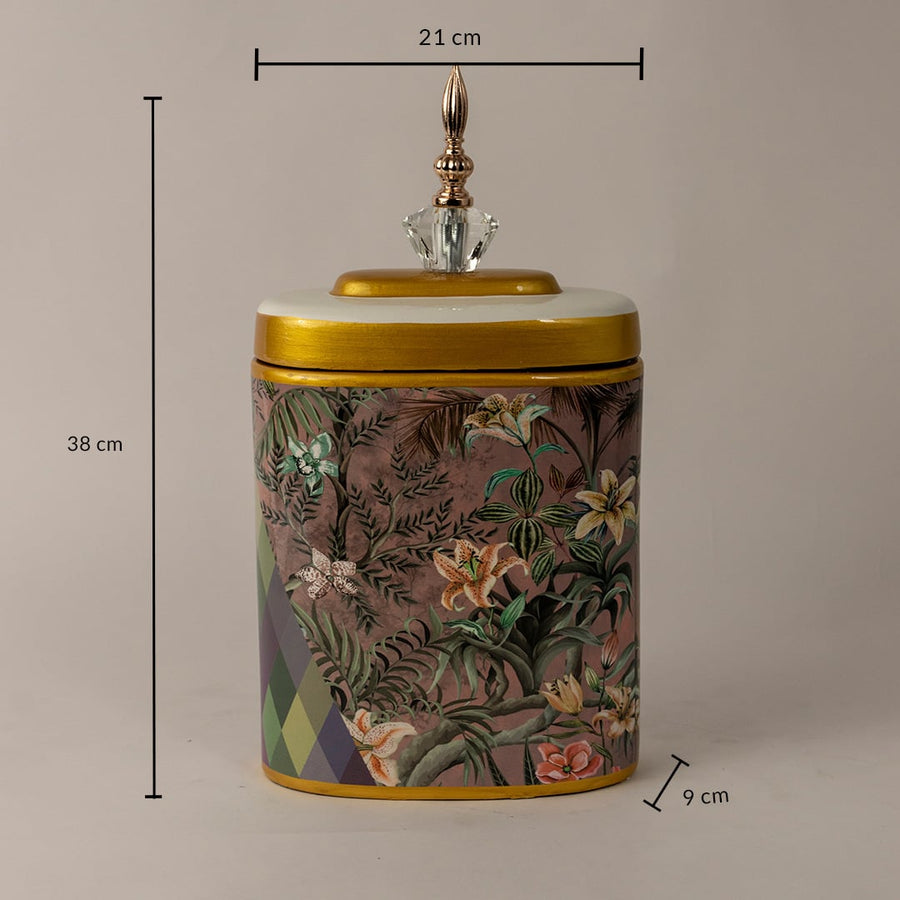 Botanical Bloom tall ceramic jar with 38 cm height 21 cm width and 9 cm depth featuring floral and geometric patterns.