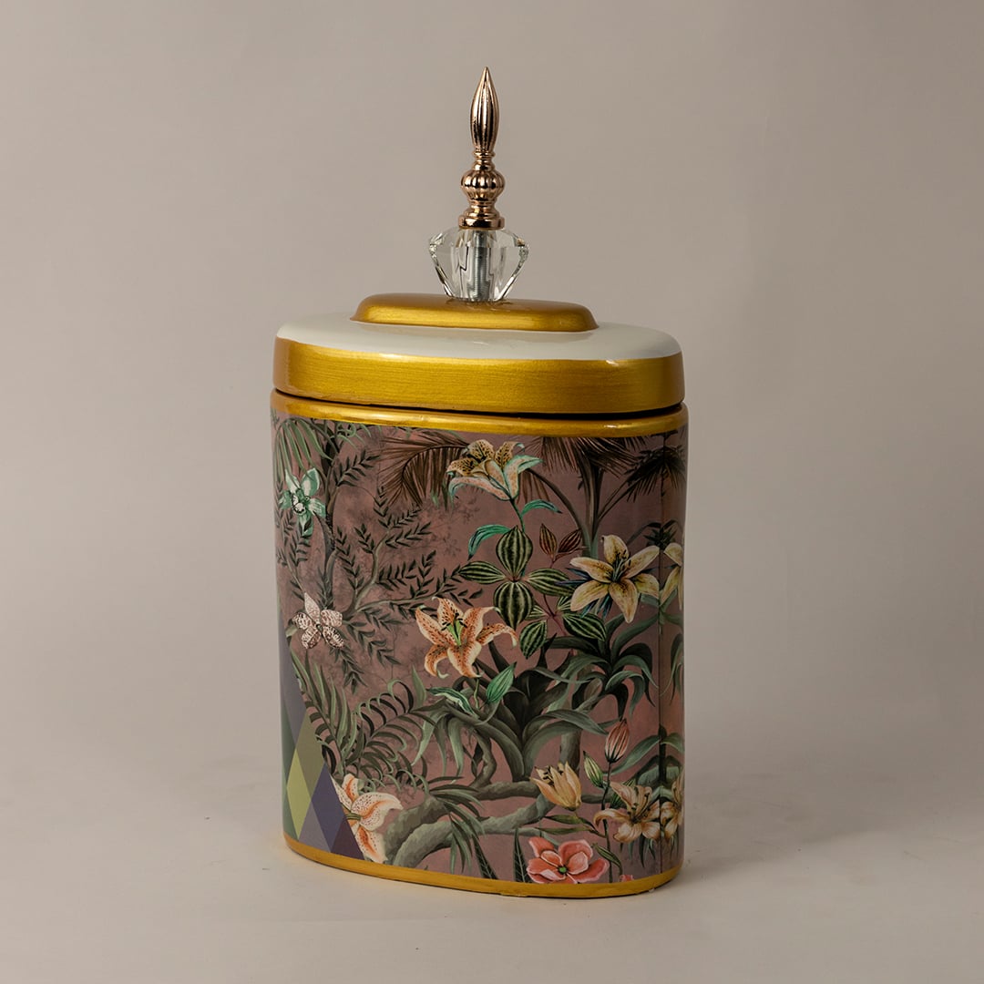 Side view of Botanical Bloom tall ceramic jar showing smooth cylindrical body with botanical design and crystal topped lid.