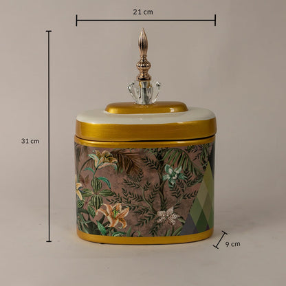 Decorative jar measuring 31 cm tall and 21 cm wide with floral pattern and crystal-topped lid.