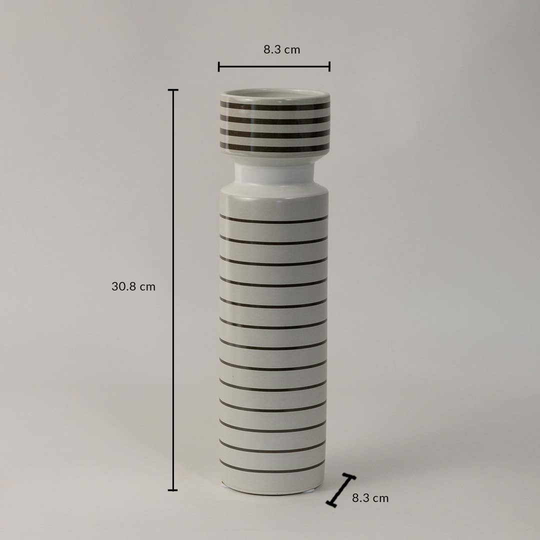 White ceramic striped vase with black lines shown with 30.8 cm height and 8.3 cm diameter perfect for elegant home decor.
