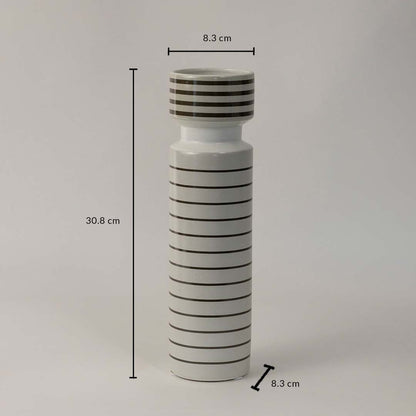 White ceramic striped vase with black lines shown with 30.8 cm height and 8.3 cm diameter perfect for elegant home decor.