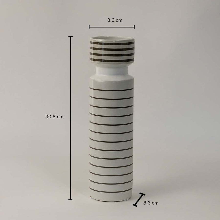 White ceramic striped vase with black lines shown with 30.8 cm height and 8.3 cm diameter perfect for elegant home decor.