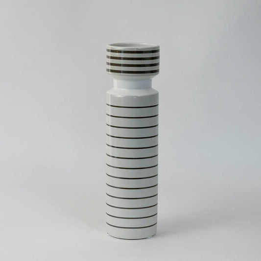 Contemporary tall ceramic vase with striped black pattern designed for living room and office table decor on white background.