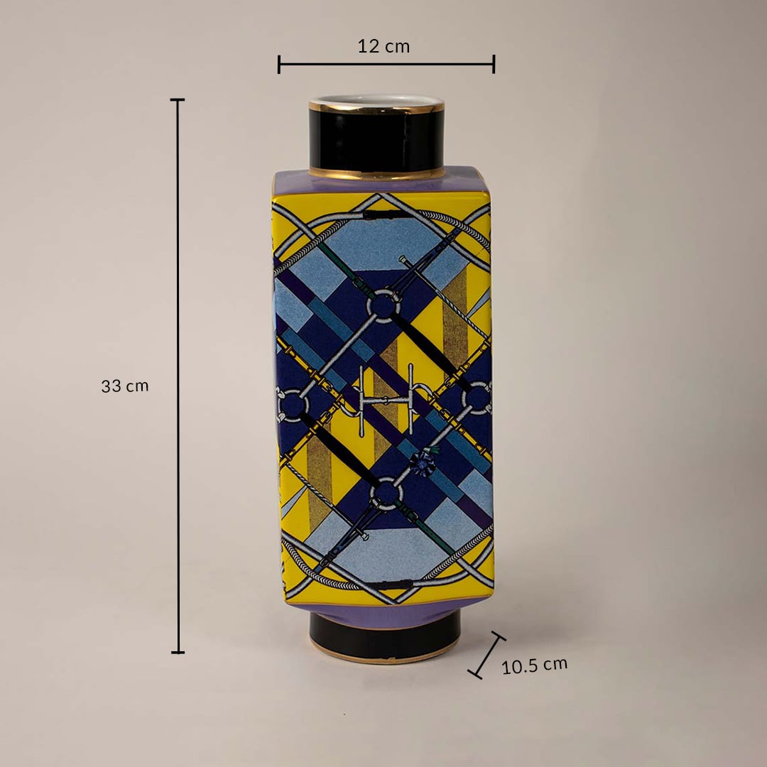 Dimension image ceramic jar vase with geometric blue and yellow design black lid size 33x12x10.5cm home decor piece.