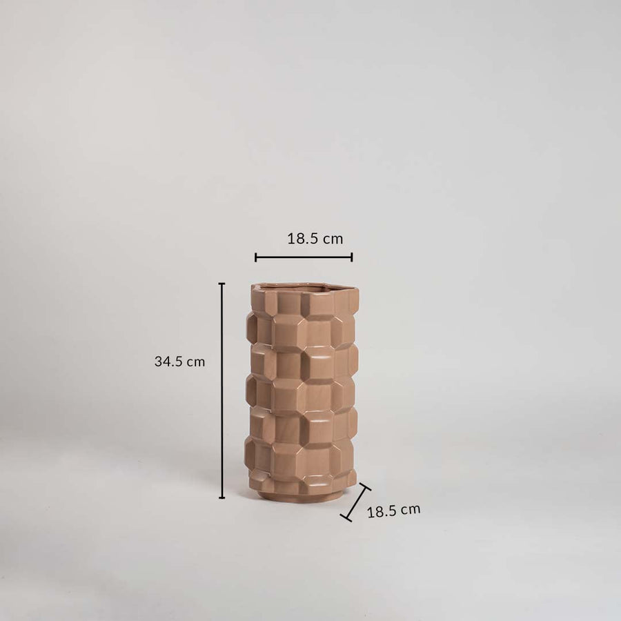 Brown ceramic vase with geometric texture and 34.5 cm height and 18.5 cm width shown clearly for accurate home decor size reference.