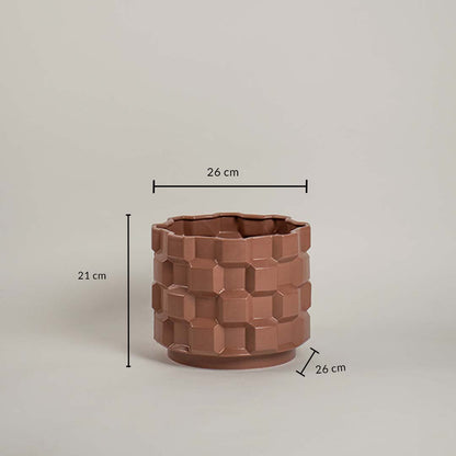 Brown geometric planter with 21 cm height and 26 cm width shown clearly for accurate home decor size reference and planning.