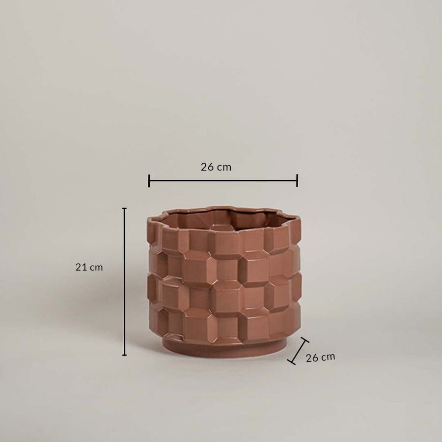 Brown geometric planter with 21 cm height and 26 cm width shown clearly for accurate home decor size reference and planning.