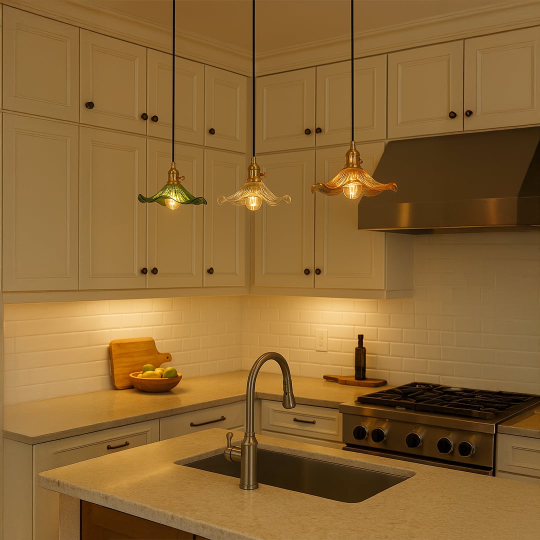 Set of glass pendant lights with brass holders hanging elegantly in modern living space for stylish home interiors.