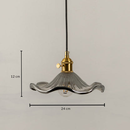 Smoky glass and brass pendant light dimension image with 24 cm width and 12 cm height for luxury dining placement.