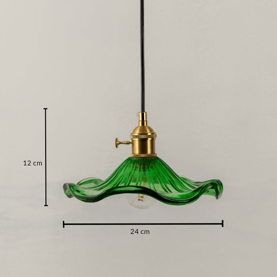 Green wavy glass and brass pendant light dimension image with 24 cm width and 12 cm height for dining placement.
