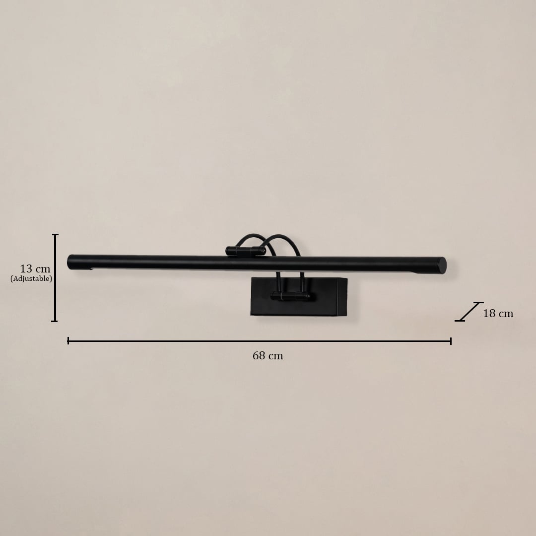 Black metal picture light with 68 cm width 18 cm depth and adjustable 13 cm height shown for accurate wall fitting.