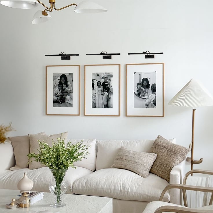 Elegant black metal picture light enhancing modern wall decor with focused illumination for artworks and display areas.