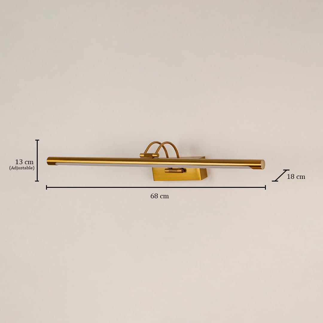 Gold metal picture light measuring 68 cm wide and 15 cm deep ideal for illuminating paintings and framed artwork.