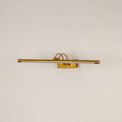 Gold metal picture light with sleek linear design for illuminating artwork mirrors and decorative wall displays.