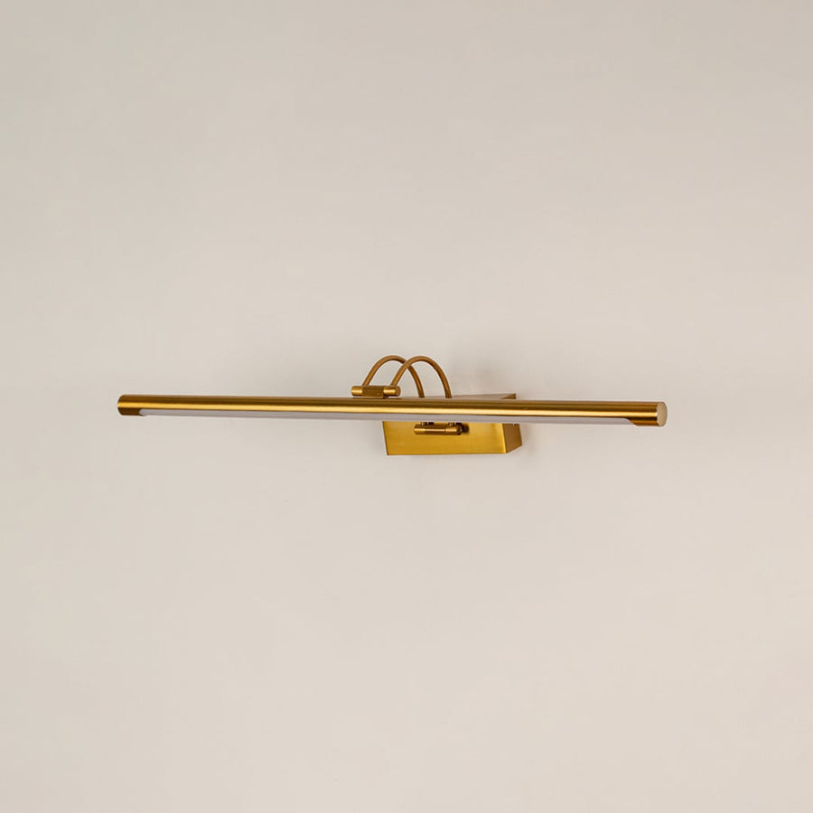 Gold metal picture light with sleek linear design for illuminating artwork mirrors and decorative wall displays.