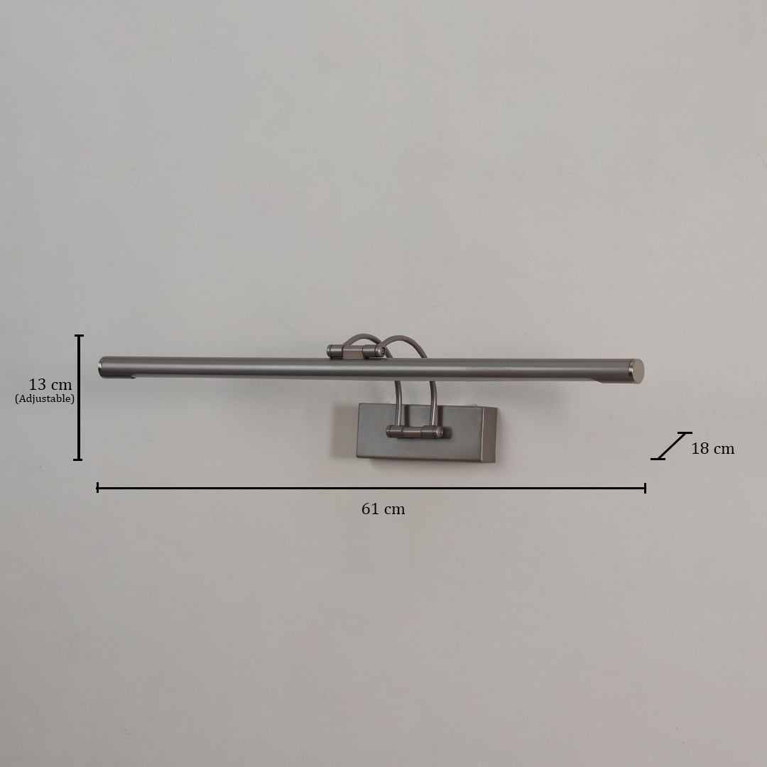 Adjustable metal picture light showing 61 cm width and 18 cm depth ideal for wall mounted lighting.