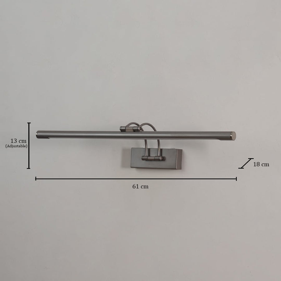 Adjustable metal picture light showing 61 cm width and 18 cm depth ideal for wall mounted lighting.