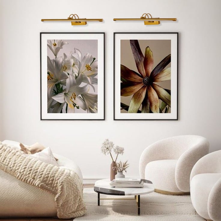 Gold metal picture lights highlighting framed artwork with focused illumination adding gallery inspired elegance to living spaces.