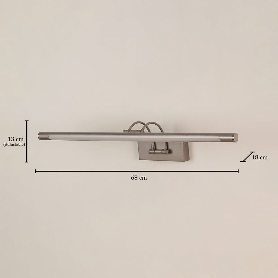 Silver picture light with 68 cm width and 13 cm adjustable height and 18 cm depth shown clearly for size reference.