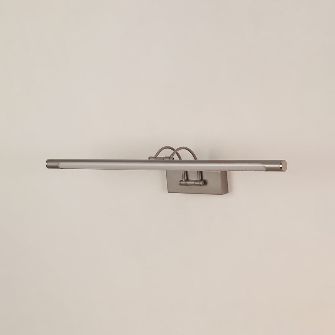 Silver picture light displayed on a white background with lights off highlighting its modern metal body and slim design.