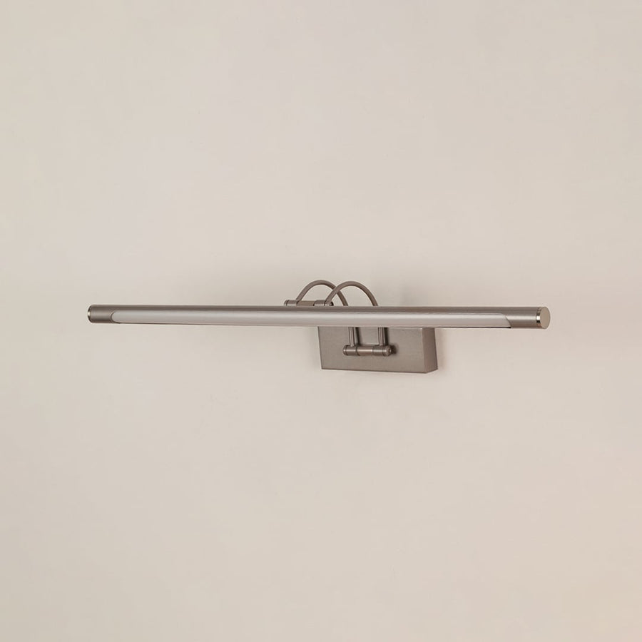 Silver picture light displayed on a white background with lights off highlighting its modern metal body and slim design.
