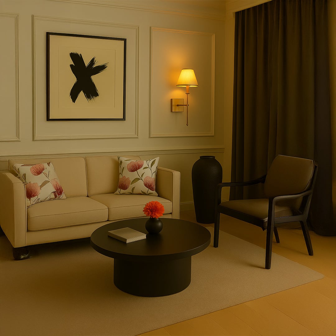 Gold metal wall sconce with beige fabric shade styled in a modern room adding warm soft glow for elegant home wall decor.