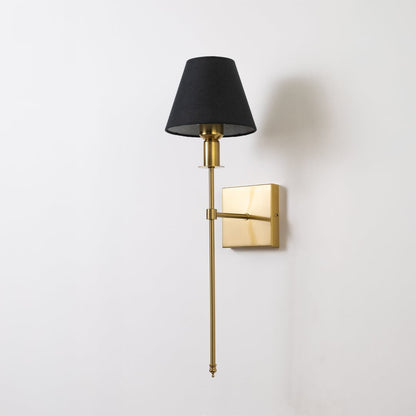 Gold metal wall sconce with black shade shown switched off on white background for minimal elegant wall decor.