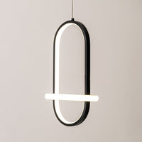 Black metal oval LED pendant light with warm illumination for modern bedroom and hallway decor.
