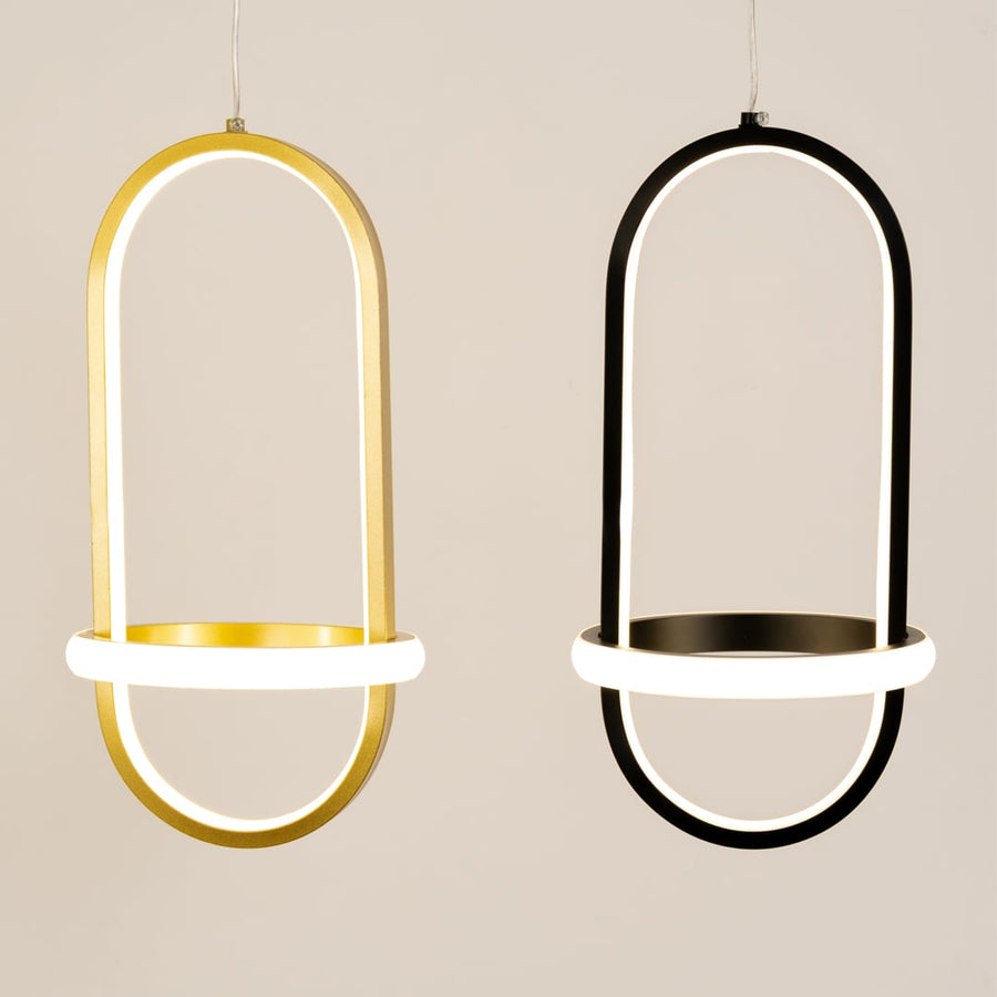 Set of gold and white metal oval hanging lights displayed together for coordinated modern home wall decor styling.
