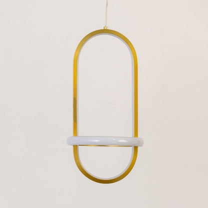 Gold and white metal oval hanging light shown switched off on white background for simple minimal wall decor.