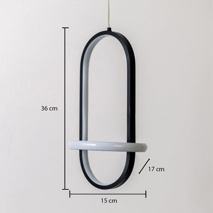 Black and white metal oval hanging light shown with 36 cm height 15 cm width and 17 cm depth for accurate wall placement.