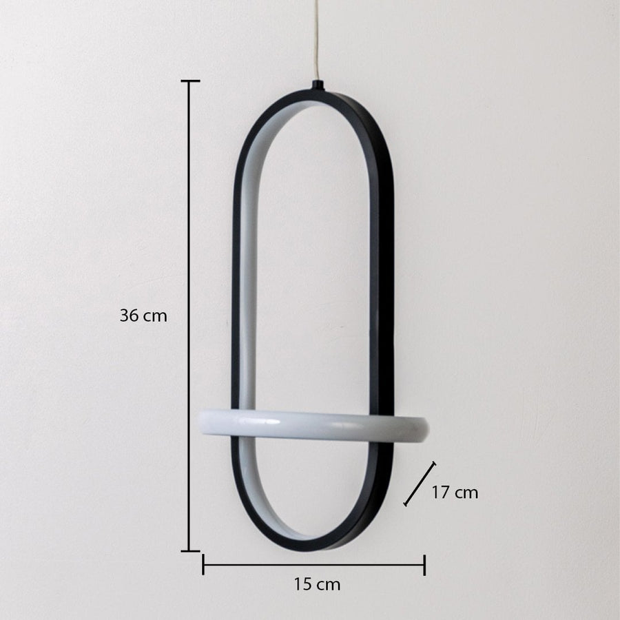 Black and white metal oval hanging light shown with 36 cm height 15 cm width and 17 cm depth for accurate wall placement.