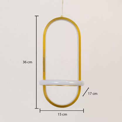 Gold and white metal oval hanging light shown with 36 cm height 15 cm width and 17 cm depth for accurate placement.