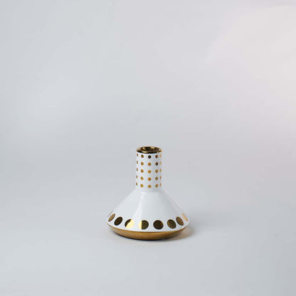 White ceramic mini vase featuring shiny gold geometric patterns and dots on white background for classic elegant styling.