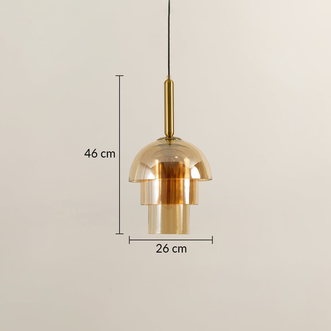 A gold layered glass pendant light shown with clear measurements displaying a height of 46 cm and a width of 26 cm for accurate size and placement guidance.