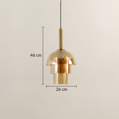 A gold layered glass pendant light shown with clear measurements displaying a height of 46 cm and a width of 26 cm for accurate size and placement guidance.