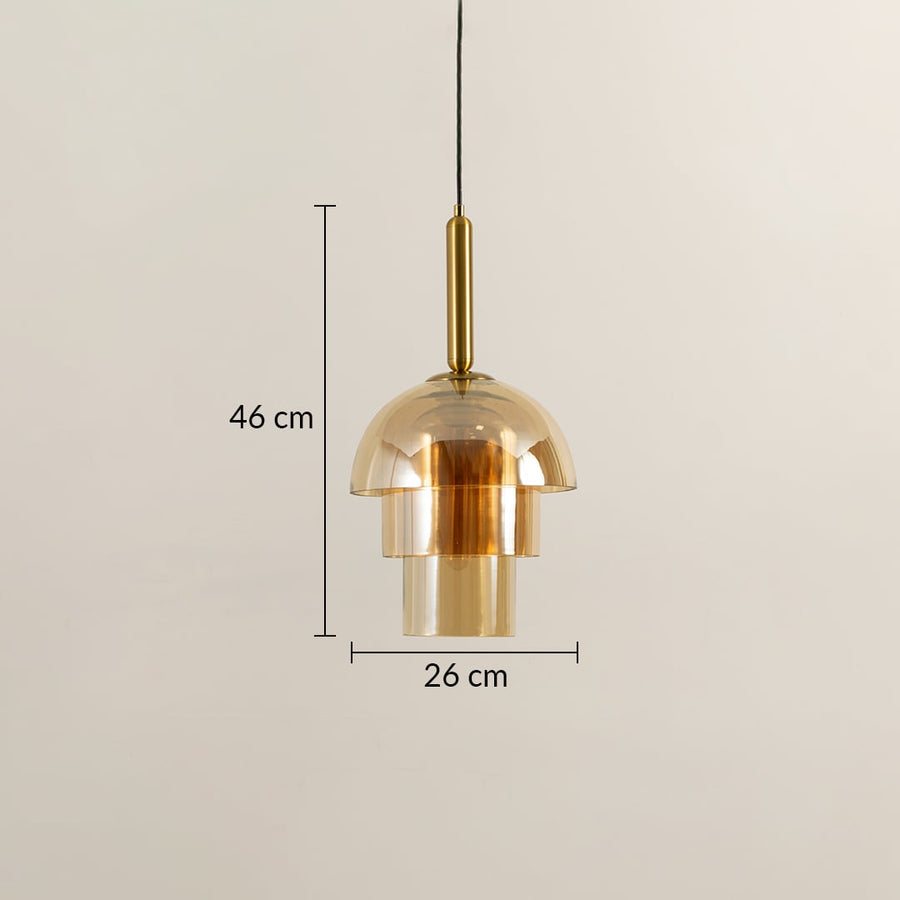 A gold layered glass pendant light shown with clear measurements displaying a height of 46 cm and a width of 26 cm for accurate size and placement guidance.
