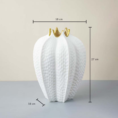 White ceramic vase with gold rim 27 cm height and 18 cm width ideal for table placement and home decoration.