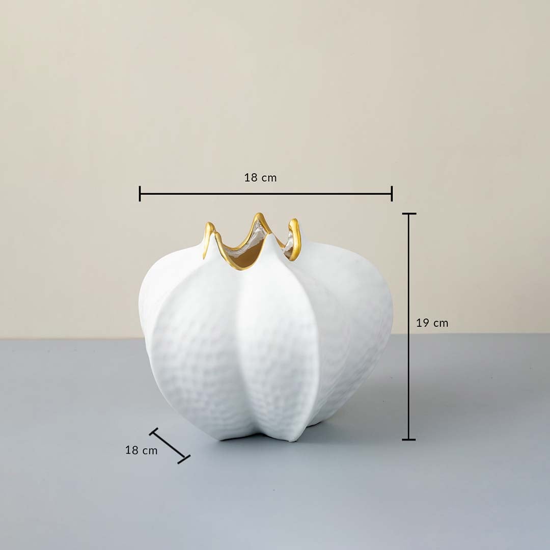 White textured ceramic vase with gold accent Dimensions Image showing measurements 19 cm height by 18 cm width and depth.