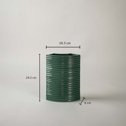 Dark green ceramic planter with 24.5 cm height and 18.5 cm width shown clearly for accurate size reference and decor planning.