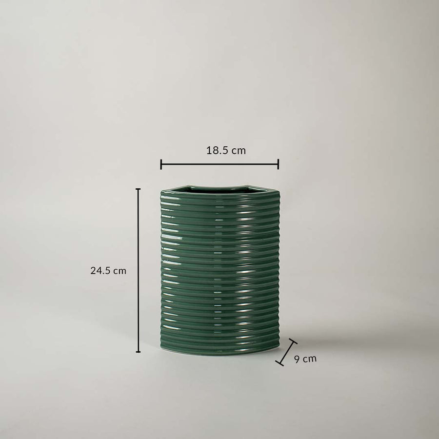 Dark green ceramic planter with 24.5 cm height and 18.5 cm width shown clearly for accurate size reference and decor planning.