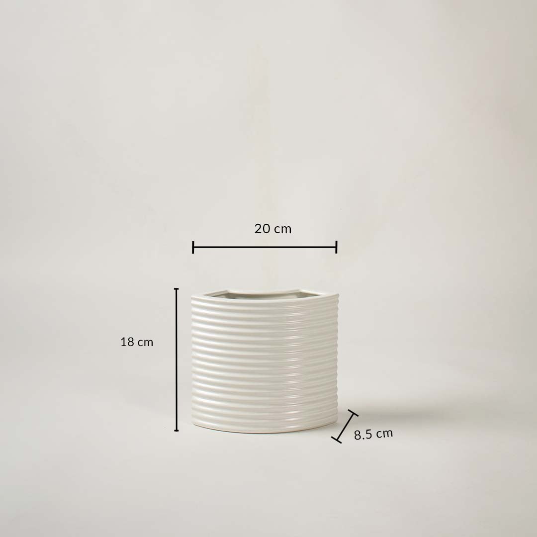 White ceramic planter with 18 cm height and 20 cm width shown clearly for accurate size reference and decor planning needs.