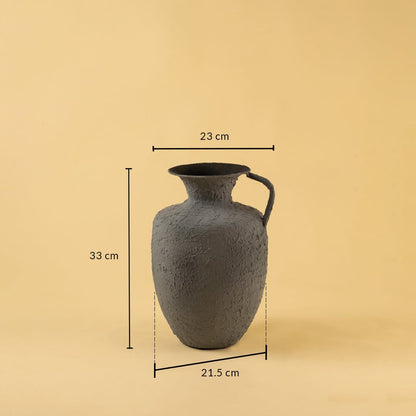 Grey metal jug vase decor with width 23 cm depth 21.5 cm and height 33 cm shown clearly for accurate size reference.