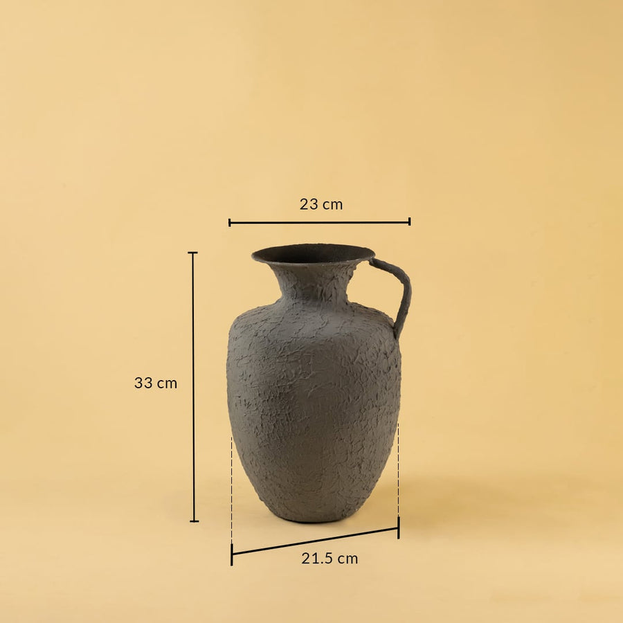 Grey metal jug vase decor with width 23 cm depth 21.5 cm and height 33 cm shown clearly for accurate size reference.