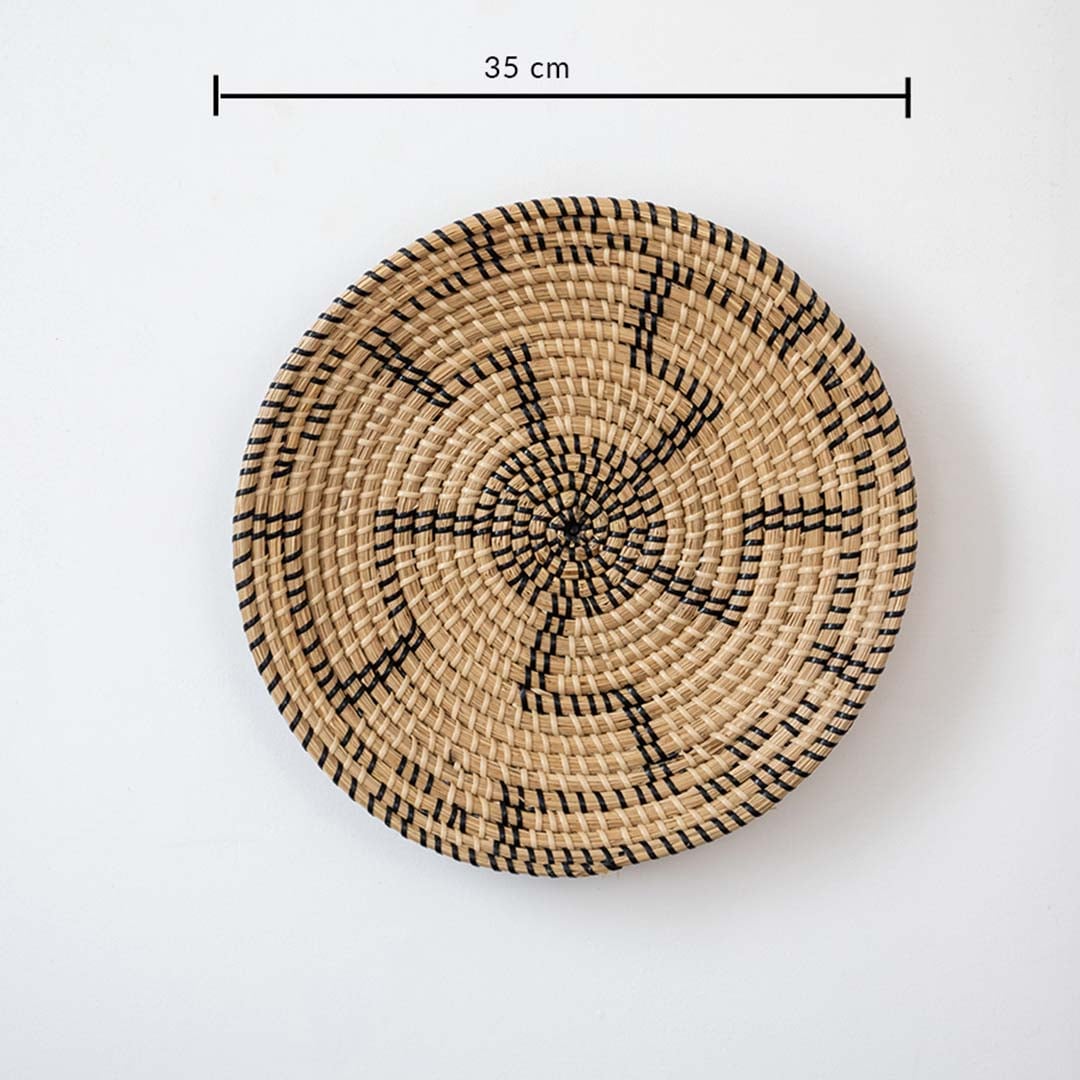 Dimension image of round woven wall decor showing exact diameter measurement for easy placement in living room or hallway.