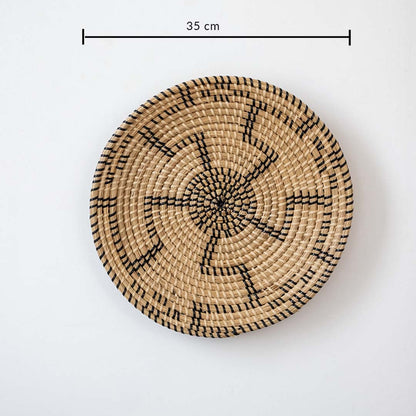 Dimension image of round woven wall decor showing exact diameter measurement for easy placement in living room or hallway.