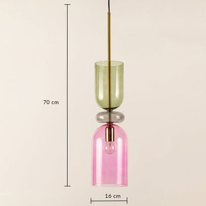 Pink and green glass pendant light dimension image with 18 cm width and 70 cm height for bedside placement.