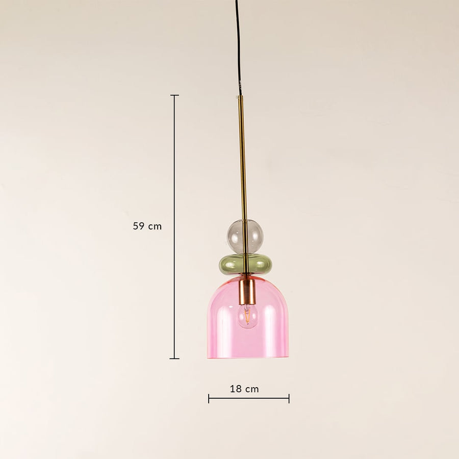 Slim glass pendant light with pink shade and gold details showing 35 cm height and 12 cm width for modern interior lighting.
