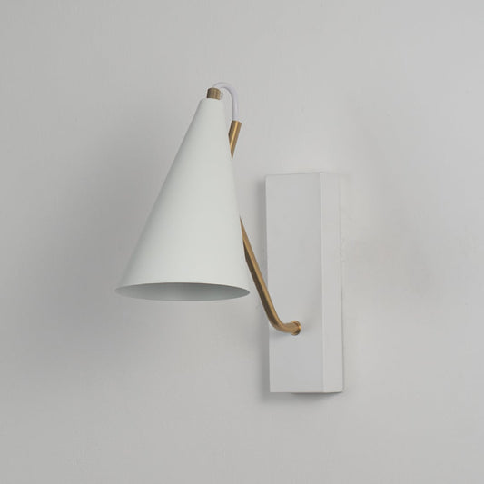 White wall light with conical shade and gold arm shown off on white background for modern bedroom and living room decor.