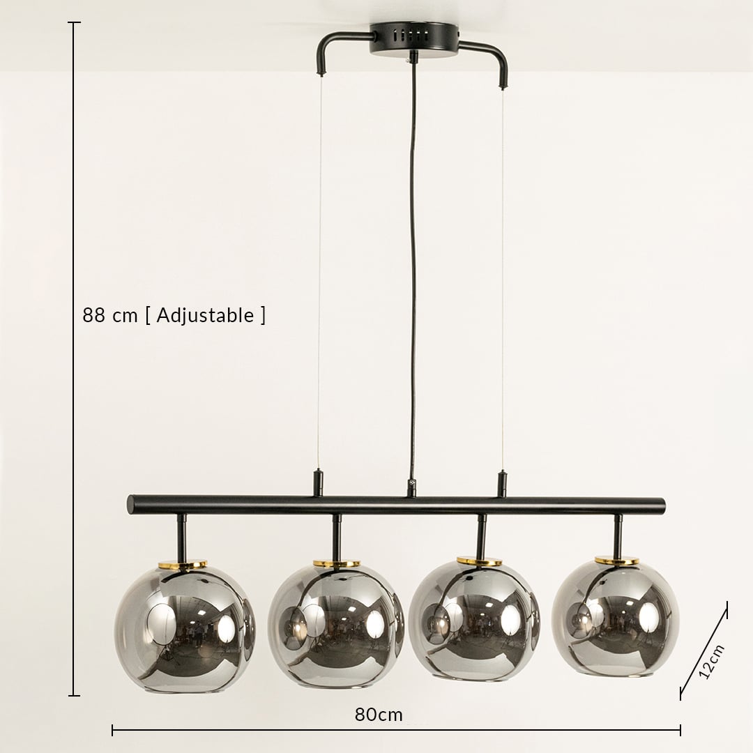Designer black and chrome chandelier showing adjustable 88 cm height and 80 cm width ideal for luxury dining and home interiors.